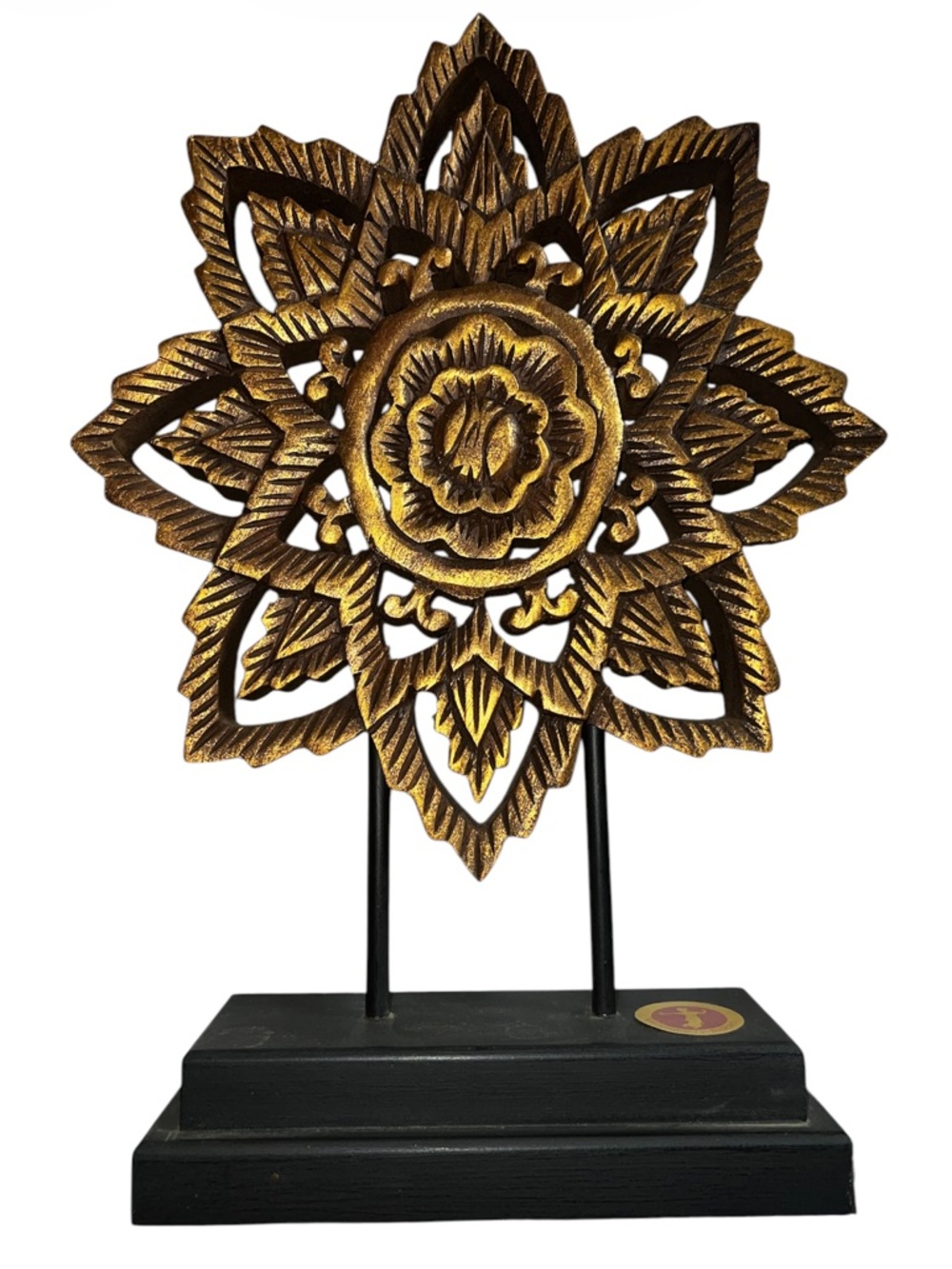 Large Gold Floral Carved Wood Mandala on Wooden Stand Thailand